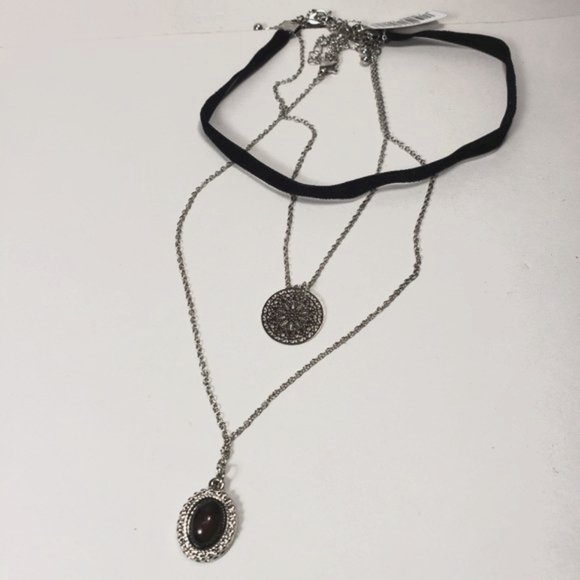 Silver-tone Set of 3 Black Velvet Choker Necklaces w/ Stone & Filigree Pendant - Picture 1 of 12